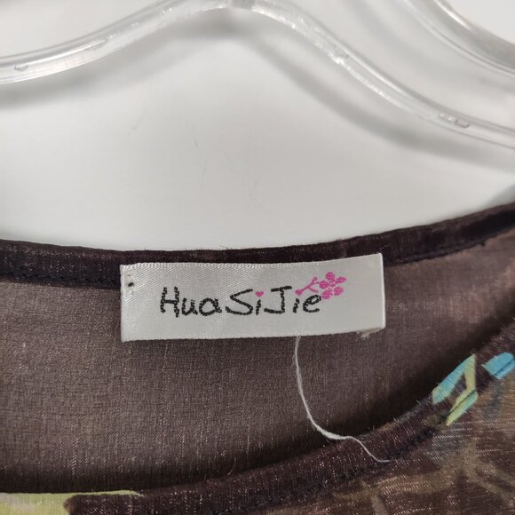 HuaSiJie Women's Blouse Sz L Brown Floral Sheer Lined Cotton Blend Spring Summer - Picture 2 of 9